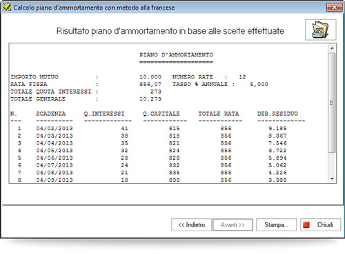 Resoconto piano ammortamento