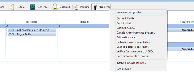 Strumenti impostazioni agenda